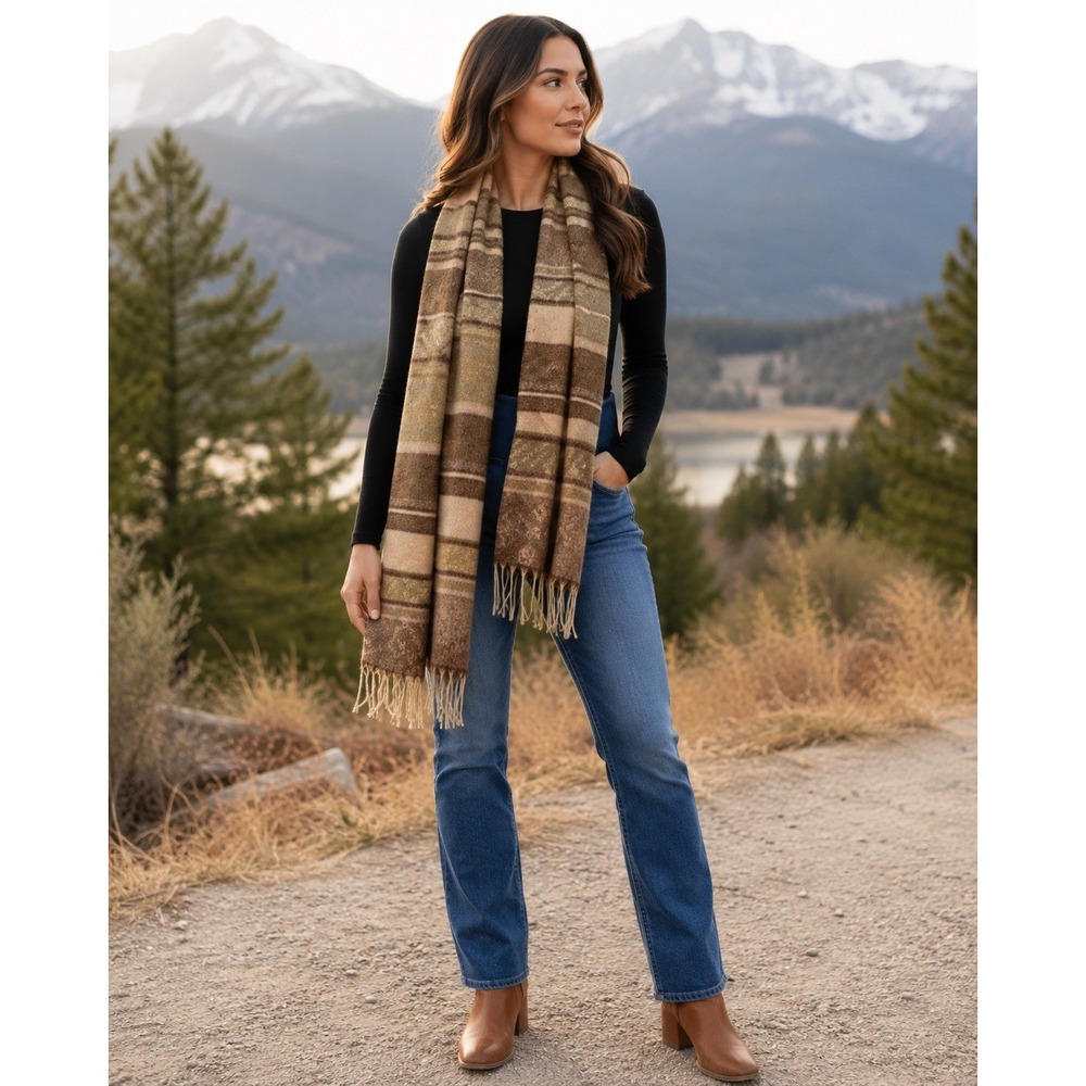 Baby Alpaca Cashmere Striped Woven Fringe Rectangle Scarf Brow/Ivory/Beige 72x30